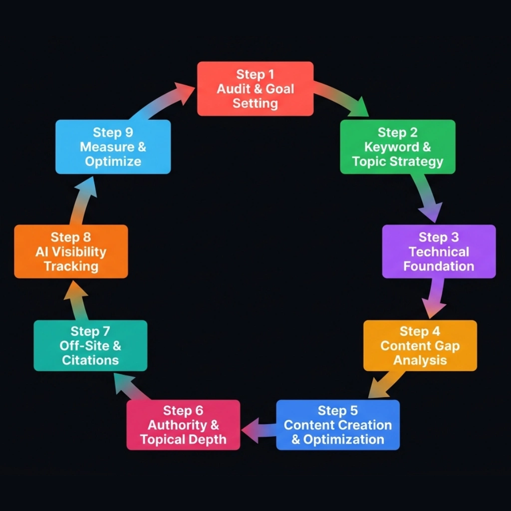 AI SEO Framework: 9-step continuous circle from Audit to Measure and Optimize