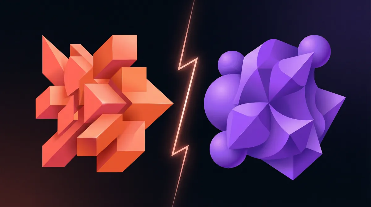 Abstract split composition with coral and violet geometric forms representing a comparison between AI search tools